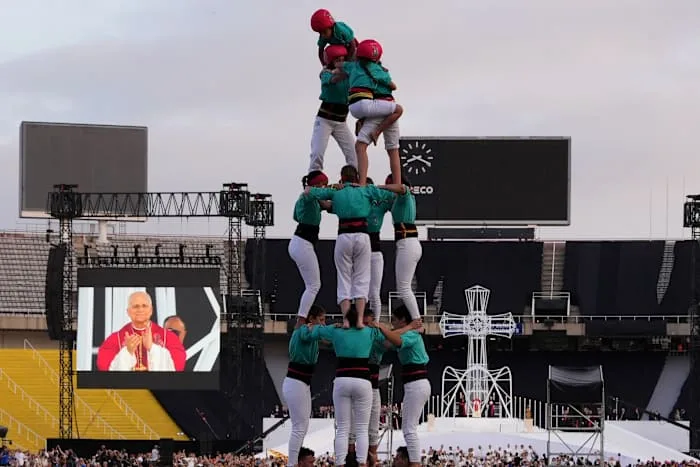 Catalonia's famed human tower climbers greet Pope Leo in Barcelona
