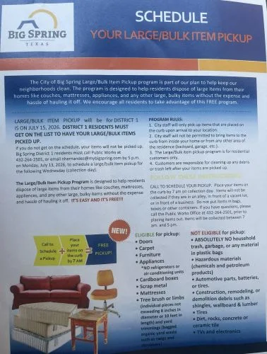 City of Big Spring Announces Free Bulk Item Pickup Program for Residents