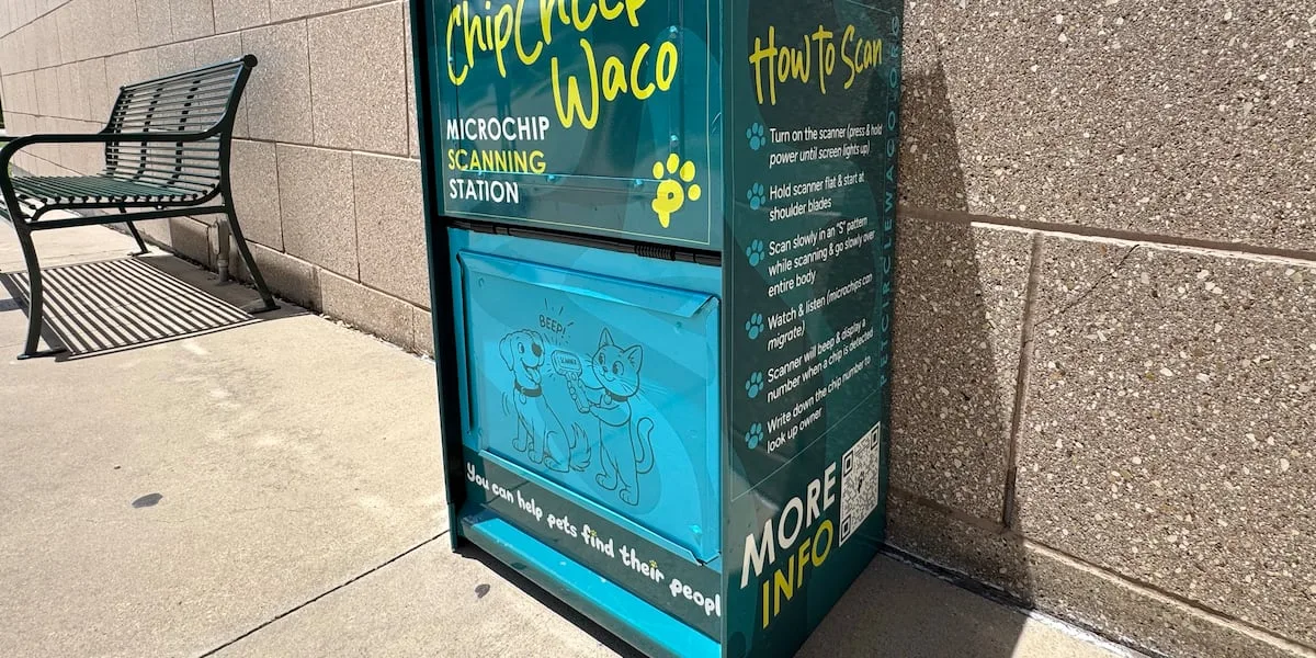 Old newspaper vending machines repurposed as pet microchip scanner stations in Waco